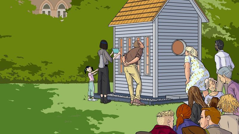 Eine Illustration, auf der Menschen im Park in ein kleines Haus reinschauen. Weitere Menschen stehen in einer Schlange davor.